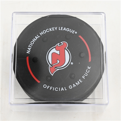 New Jersey Devils - Game Puck - April 27, 2025 vs. Carolina Hurricanes - 2025 Stanley Cup Playoffs - Round 1, Game 4 (Devils Logo)