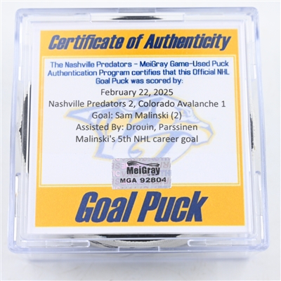 Sam Malinski - Colorado Avalanche - Goal Puck - February 22, 2025 vs. Nashville Predators (Predators Logo)