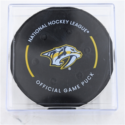Sam Malinski - Colorado Avalanche - Goal Puck - February 22, 2025 vs. Nashville Predators (Predators Logo)