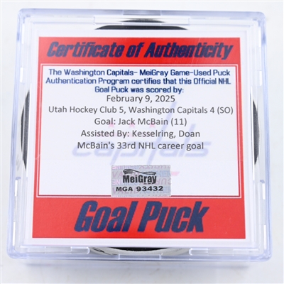 Jack McBain - Utah Hockey Club - Goal Puck - February 9, 2025 vs. Washington Capitals (Capitals 50th Anniversary Logo)