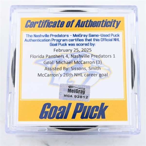 Michael McCarron - Nashville Predators - Goal Puck - February 25, 2025 vs. Florida Panthers (Predators Logo)