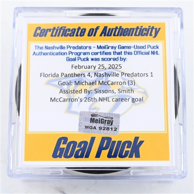 Michael McCarron - Nashville Predators - Goal Puck - February 25, 2025 vs. Florida Panthers (Predators Logo)