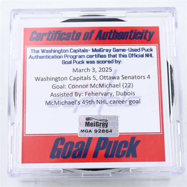 Connor McMichael - Washington Capitals - Goal Puck - March 3, 2025 vs. Ottawa Senators (Capitals 50th Anniversary Logo)