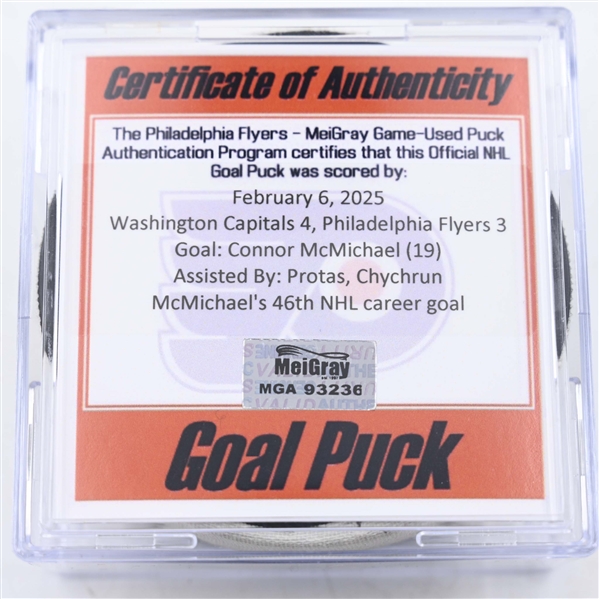 Connor McMichael - Washington Capitals - Goal Puck - February 6, 2025 vs. Philadelphia Flyers (Flyers Logo)