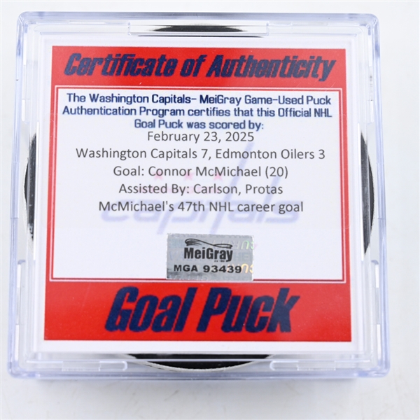 Connor McMichael - Washington Capitals - Goal Puck - February 23, 2025 vs. Edmonton Oilers (Capitals 50th Anniversary Logo)