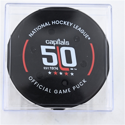 Connor McMichael - Washington Capitals - Goal Puck - February 23, 2025 vs. Edmonton Oilers (Capitals' 50th Anniversary Logo)
