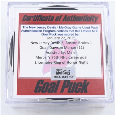 Dawson Mercer - New Jersey Devils - Goal Puck - January 22, 2025 vs. Boston Bruins (Devils Logo)