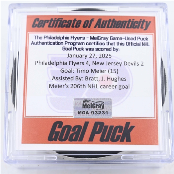 Timo Meier - New Jersey Devils - Goal Puck - January 27, 2025 vs. Philadelphia Flyers (Flyers Logo)