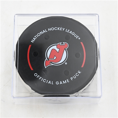 Timo Meier - New Jersey Devils - Goal Puck - April 27, 2025 vs. Carolina Hurricanes - 2025 Stanley Cup Playoffs - Round 1, Game 4 (Devils Logo)