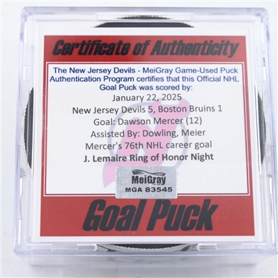 Dawson Mercer - New Jersey Devils - Goal Puck - January 22, 2025 vs. Boston Bruins (Devils Logo)