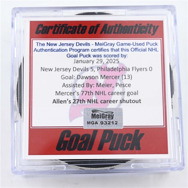 Dawson Mercer - New Jersey Devils - Goal Puck - January 29, 2025 vs. Philadelphia Flyers (Devils Logo)