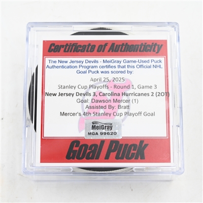 Dawson Mercer - New Jersey Devils - Goal Puck - April 25, 2025 vs. Carolina Hurricanes - 2025 Stanley Cup Playoffs - Round 1, Game 3 (Devils Logo)
