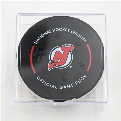 Dawson Mercer - New Jersey Devils - Goal Puck - April 25, 2025 vs. Carolina Hurricanes - 2025 Stanley Cup Playoffs - Round 1, Game 3 (Devils Logo)
