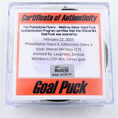 Matvei Michkov - Philadelphia Flyers - Goal Puck - February 22, 2025 vs. Edmonton Oilers (Flyers Logo)