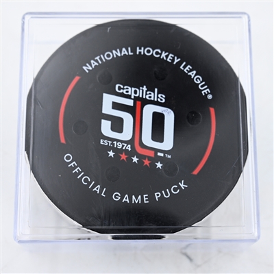 Jake Neighbours - St. Louis Blues - Goal Puck - February 27, 2025 vs. Washington Capitals (Capitals' 50th Anniversary Logo)