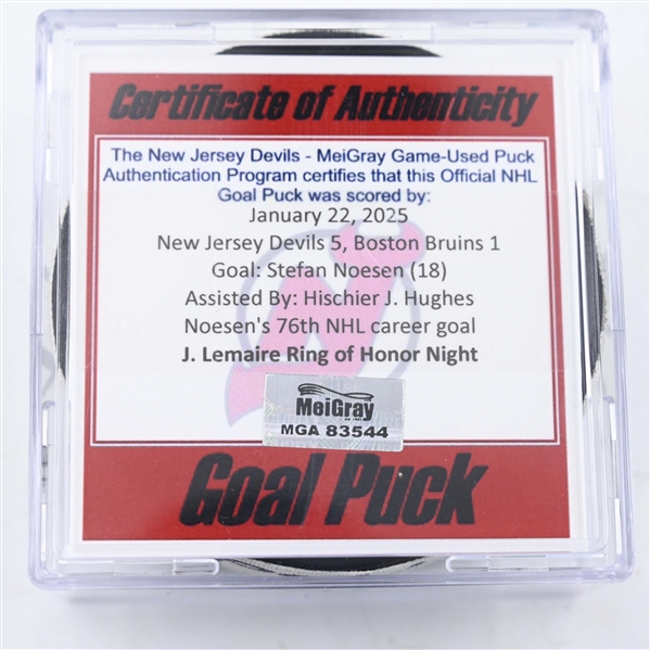 Stefan Noesen - New Jersey Devils - Goal Puck - January 22, 2025 vs. Boston Bruins (Devils Logo)