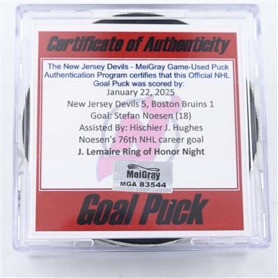Stefan Noesen - New Jersey Devils - Goal Puck - January 22, 2025 vs. Boston Bruins (Devils Logo)