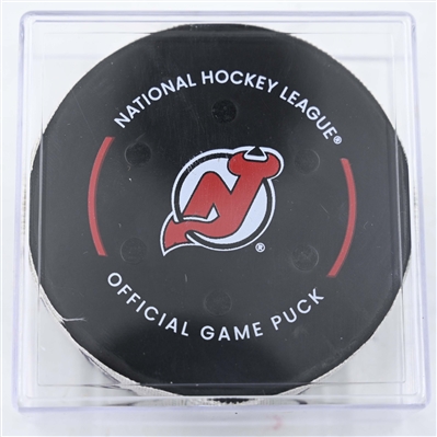 Stefan Noesen - New Jersey Devils - Goal Puck - January 22, 2025 vs. Boston Bruins (Devils Logo)