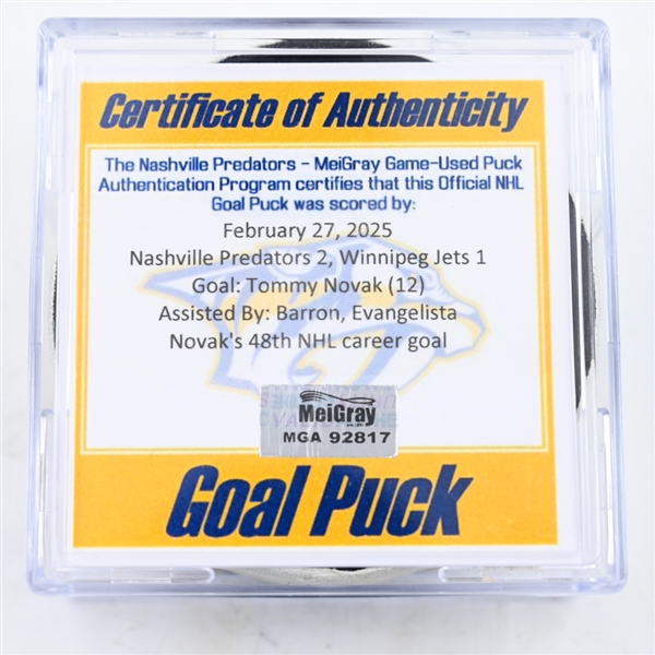 Tommy Novak - Nashville Predators - Goal Puck - February 27, 2025 vs. Winnipeg Jets (Predators Logo)