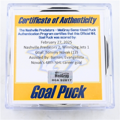 Tommy Novak - Nashville Predators - Goal Puck - February 27, 2025 vs. Winnipeg Jets (Predators Logo)