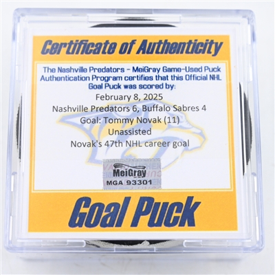 Tommy Novak - Nashville Predators - Goal Puck - February 8, 2025 vs. Buffalo Sabres (Predators Logo)