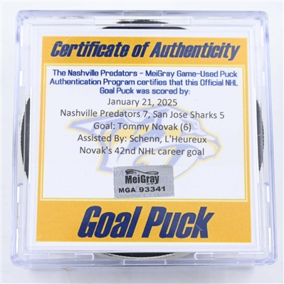 Tommy Novak - Nashville Predators - Goal Puck - January 21, 2025 vs. San Jose Sharks (Predators Logo)