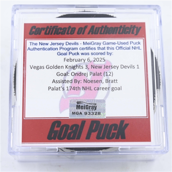 Ondrej Palat - New Jersey Devils - Goal Puck - February 6, 2025 vs. Vegas Golden Knights (Devils Logo)