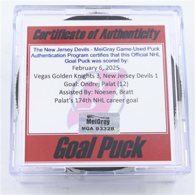 Ondrej Palat - New Jersey Devils - Goal Puck - February 6, 2025 vs. Vegas Golden Knights (Devils Logo)