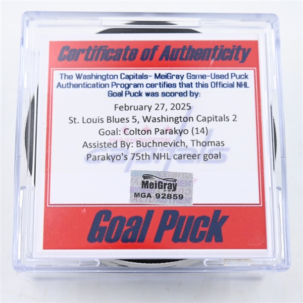 Colton Parakyo - St. Louis Blues - Goal Puck - February 27, 2025 vs. Washington Capitals (Capitals 50th Anniversary Logo)