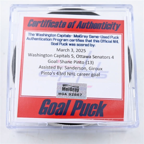 Shane Pinto - Ottawa Senators - Goal Puck - March 3, 2025 vs. Washington Capitals (Capitals 50th Anniversary Logo)