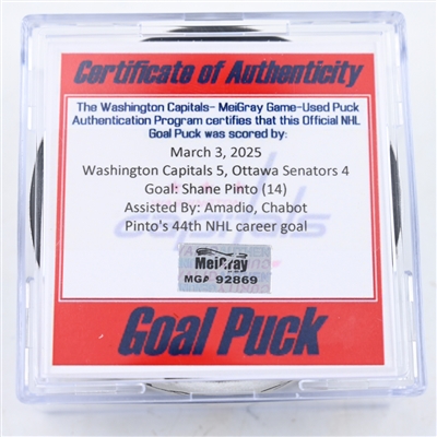 Shane Pinto - Ottawa Senators - Goal Puck - March 3, 2025 vs. Washington Capitals (Capitals' 50th Anniversary Logo)