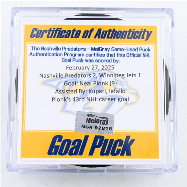 Neal Pionk - Winnipeg Jets - Goal Puck - February 27, 2025 vs. Nashville Predators (Predators Logo)