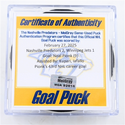 Neal Pionk - Winnipeg Jets - Goal Puck - February 27, 2025 vs. Nashville Predators (Predators Logo)