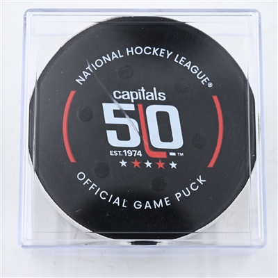 Martin Pospisil - Calgary Flames - Goal Puck - February 25, 2025 vs. Washington Capitals (Capitals' 50th Anniversary Logo)