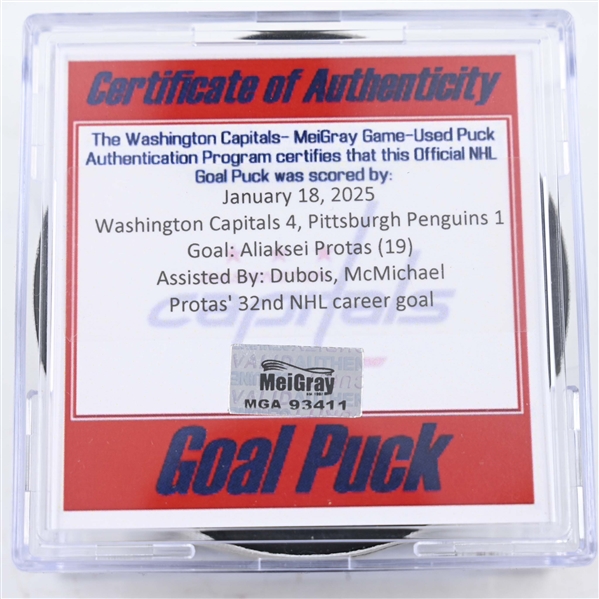 Aliaksei Protas - Washington Capitals - Goal Puck - January 18, 2025 vs. Pittsburgh Penguins (Capitals 50th Anniversary Logo)