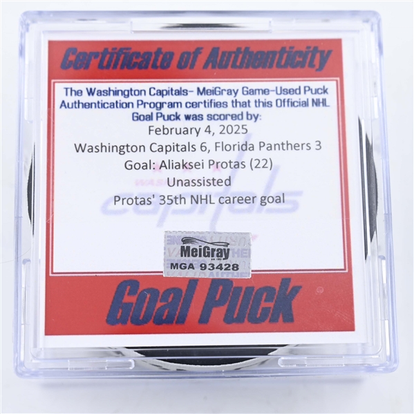 Aliaksei Protas - Washington Capitals - Goal Puck - February 4, 2025 vs. Florida Panthers (Capitals 50th Anniversary Logo)
