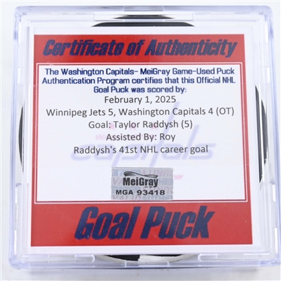 Taylor Raddysh - Washington Capitals - Goal Puck - February 1, 2025 vs. Winnipeg Jets (Capitals 50th Anniversary Logo)
