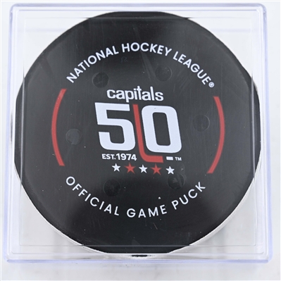 Taylor Raddysh - Washington Capitals - Goal Puck - February 1, 2025 vs. Winnipeg Jets (Capitals' 50th Anniversary Logo)