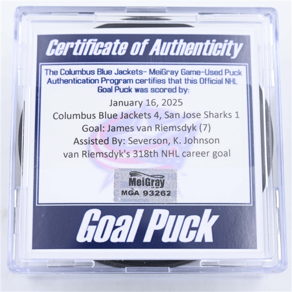 James van Riemsdyk - Columbus Blue Jackets - Goal Puck - January 16, 2025 vs. San Jose Sharks (Blue Jackets Logo)