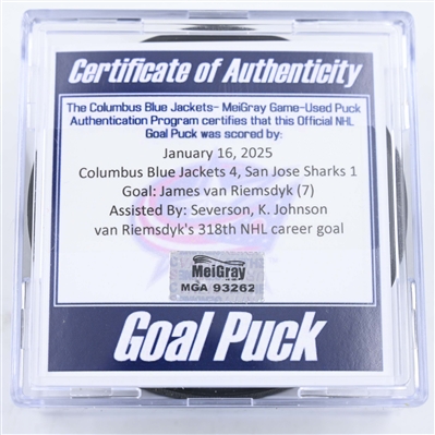 James van Riemsdyk - Columbus Blue Jackets - Goal Puck - January 16, 2025 vs. San Jose Sharks (Blue Jackets Logo)