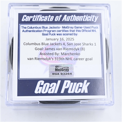 James van Riemsdyk - Columbus Blue Jackets - Goal Puck - January 16, 2025 vs. San Jose Sharks (Blue Jackets Logo)