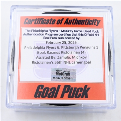 Rasmus Ristolainen - Philadelphia Flyers - Goal Puck - February 25, 2025 vs. Pittsburgh Penguins (Flyers Logo)
