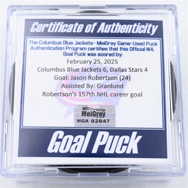 Jason Robertson - Dallas Stars - Goal Puck - February 26, 2025 vs. Columbus Blue Jackets (Blue Jackets Logo)