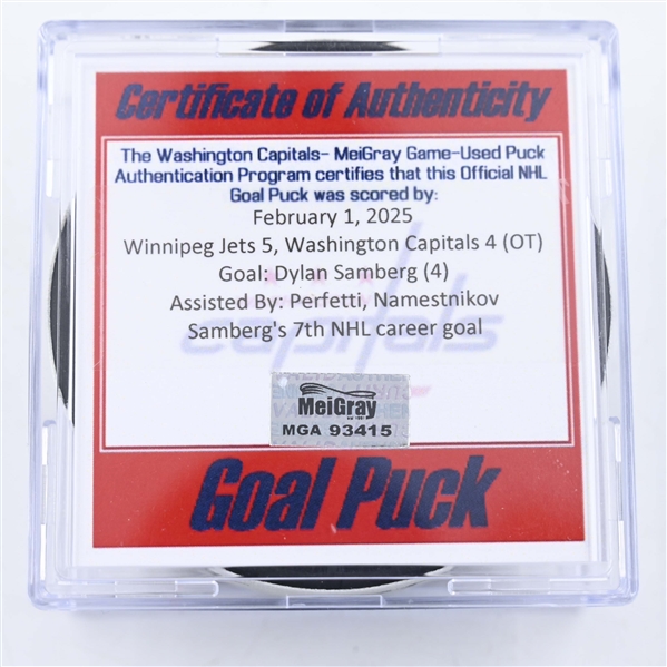 Dylan Samberg - Winnipeg Jets - Goal Puck - February 1, 2025 vs. Washington Capitals (Capitals 50th Anniversary Logo)