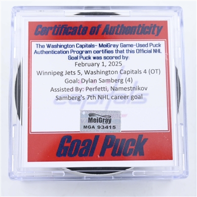 Dylan Samberg - Winnipeg Jets - Goal Puck - February 1, 2025 vs. Washington Capitals (Capitals 50th Anniversary Logo)