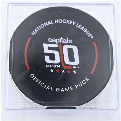 Dylan Samberg - Winnipeg Jets - Goal Puck - February 1, 2025 vs. Washington Capitals (Capitals' 50th Anniversary Logo)