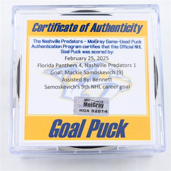 Mackie Samoskevich - Florida Panthers - Goal Puck - February 25, 2025 vs. Nashville Predators (Predators Logo)