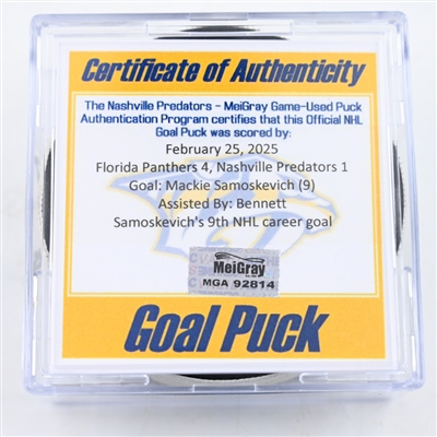 Mackie Samoskevich - Florida Panthers - Goal Puck - February 25, 2025 vs. Nashville Predators (Predators Logo)