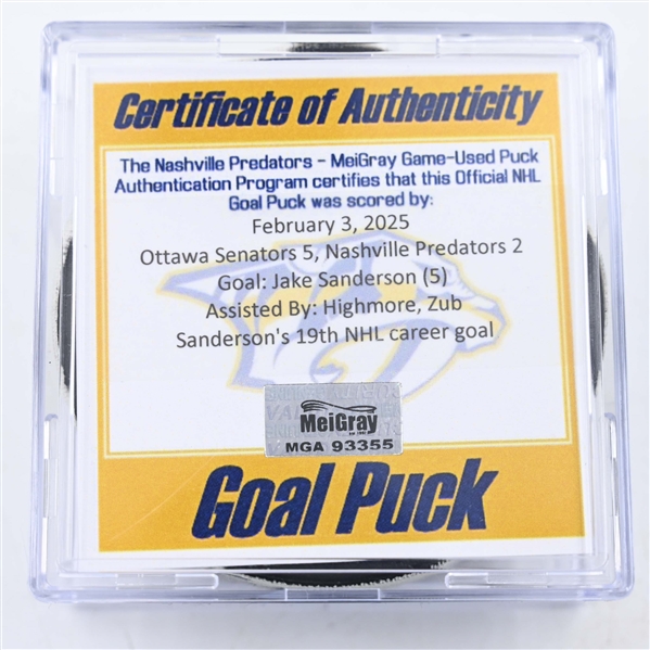 Jake Sanderson - Ottawa Senators - Goal Puck - February 3, 2025 vs. Nashville Predators (Predators Logo)