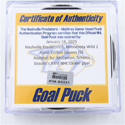 Colton Sissons - Nashville Predators - Goal Puck - January 18, 2025 vs. Minnesota Wild (Predators Logo)